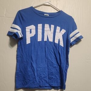 PINK Victoria's Secret Blue and White Short Sleeve Tee with Athletic Accents